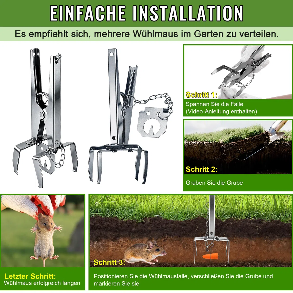 Enhon Piège à campagnols 5 pièces avec chaîne - Pointu et réutilisable - Piège à campagnols à Clips - Capture Double Face | Piège à campagnols Efficace pour Jardin et pelouse