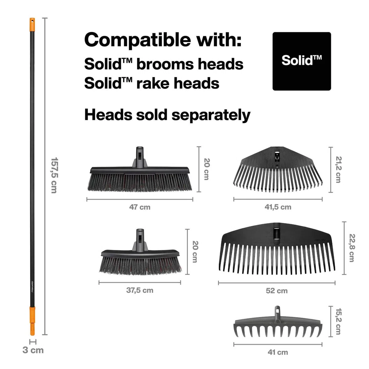 Fiskars Manche pour balais et râteaux de jardin Fiskars Solid, Longueur : 157,5 cm, Aluminium, Noir/Orange, Solid, 1014913