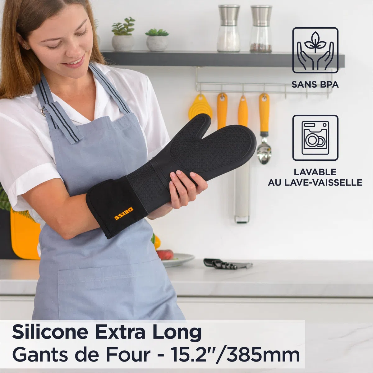 Deiss Pro Ensemble de Gants de Cuisine en Silicone résistant à la Chaleur et aux Taches, Gants de Barbecue en Coton Doux, imperméables, Gants de Cuisine Extra-Longs et Flexibles pour la Cuisson