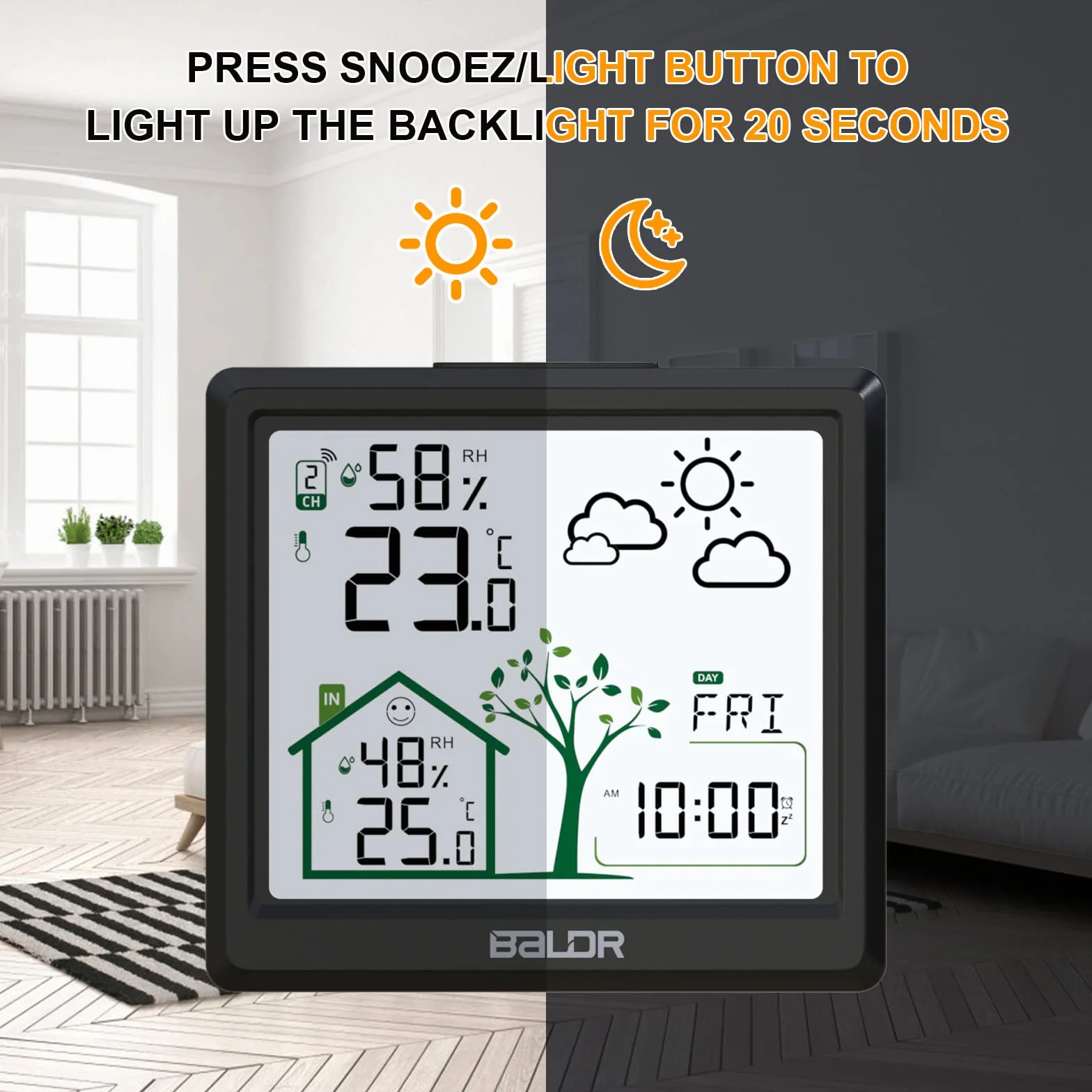 Station météo sans Fil, Thermomètre Hygromètre Baromètre Intérieure Extérieure avec Capteur LED Ecran Rétro-éclairage Horloge Numérique Alarme et Snooze Heure Date Jour (Noir)