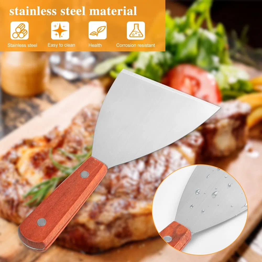 THATSRAD 2 PCS Spatule Inox Manche en Bois Spatule Barbecue Plancha Grattoir Plancha Inox Spatule Plancha Inox Teppanyaki Spatule pour Barbecue Pizza Steak 20,5*10 cm, 20,5*7,5 cm,1 mm d'Épaisseur