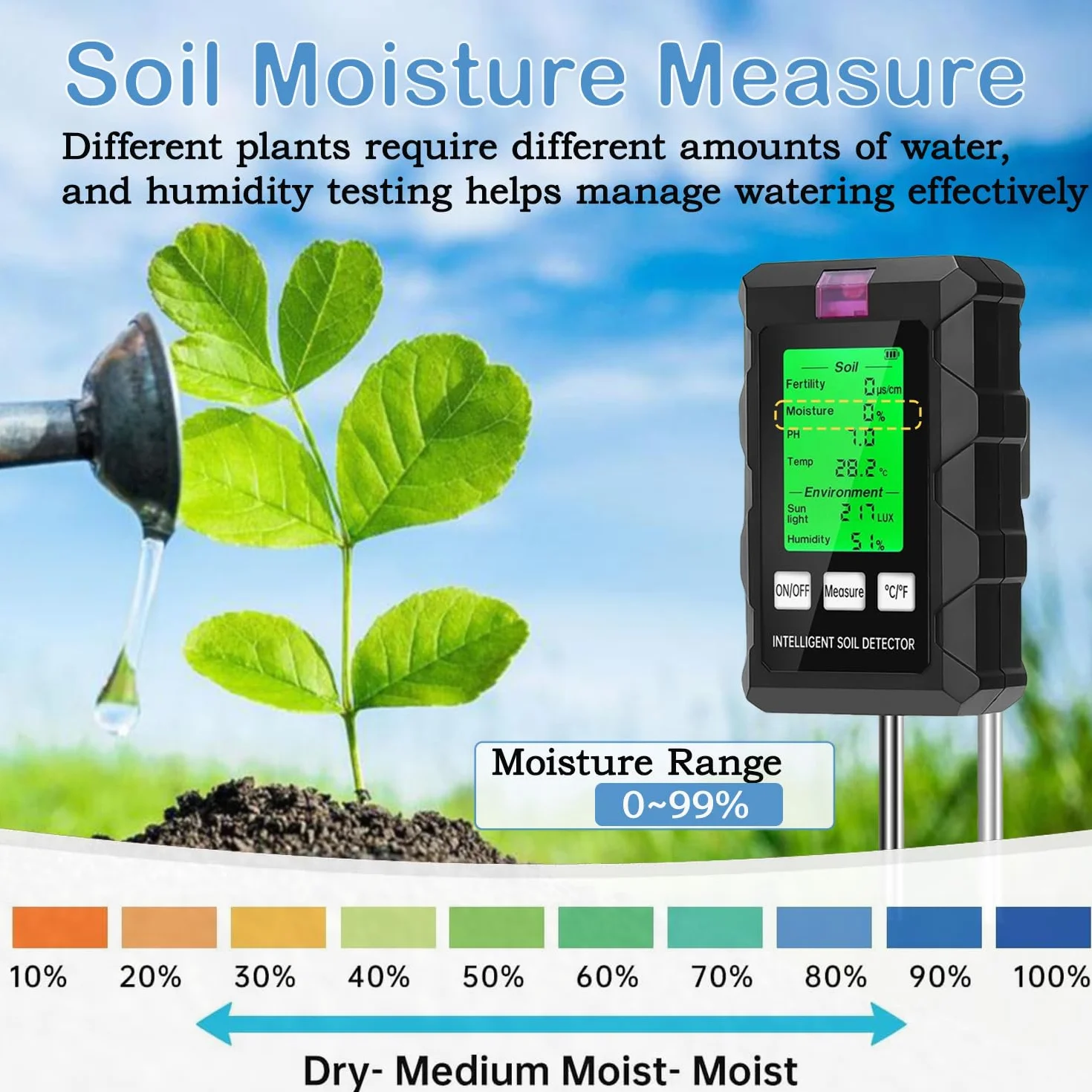 Testeur d'humidité du Sol，Testeur Sol 6 en 1，Hygrometre Plante avec pH Humidité Fertilité du Sol Lumière du Soleil Détection de Température Testeur Humidité Plante， Adapté au Jardinage et Aux Plantes
