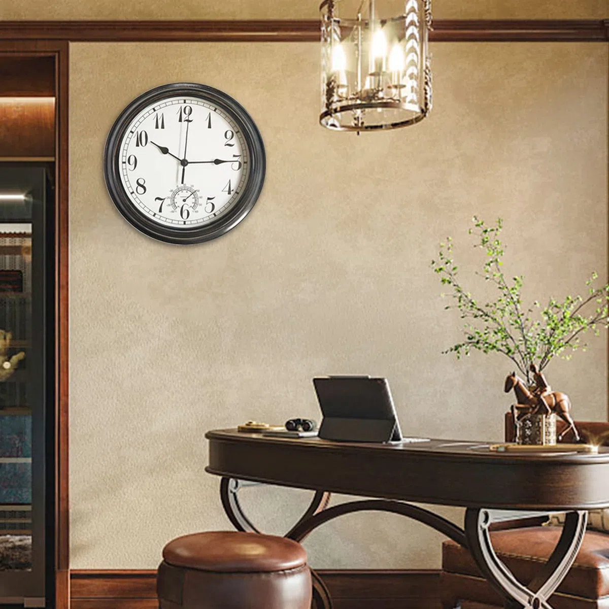 Grande horloge murale d'extérieur et d'intérieur étanche de 30.5 cm avec thermomètre, résistante aux intempéries, sans tic-tac, fonctionne avec des piles, salle de bain, cadeau