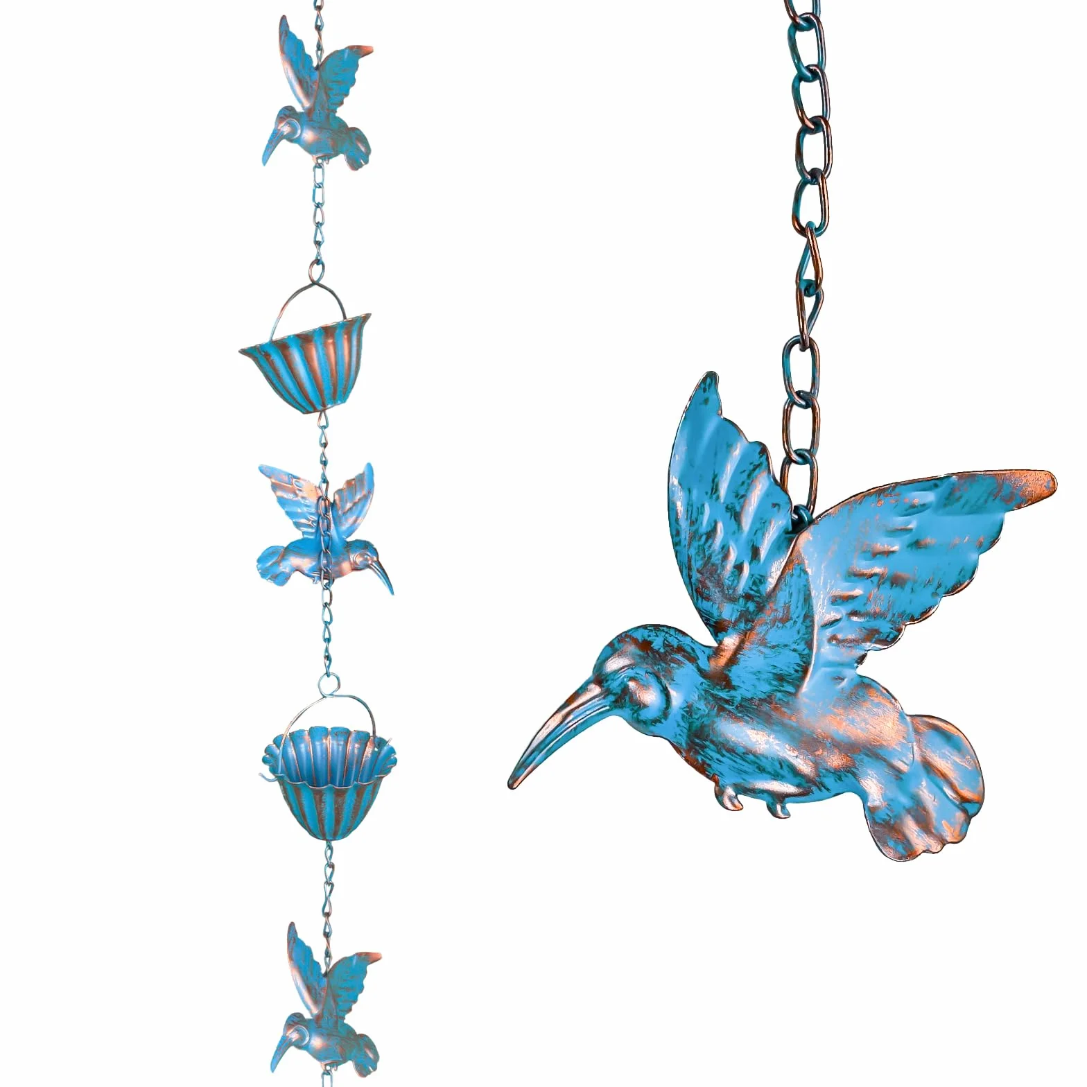Chaine de Pluie pour Gouttiere, Chaîne de Pluie Colibri de 2.4m avec 7 Oiseaux et 7 Tasses en Métal Bleu Vintage Adaptée Aux Gouttières Aux Jardins et à La Décoration de La Maison