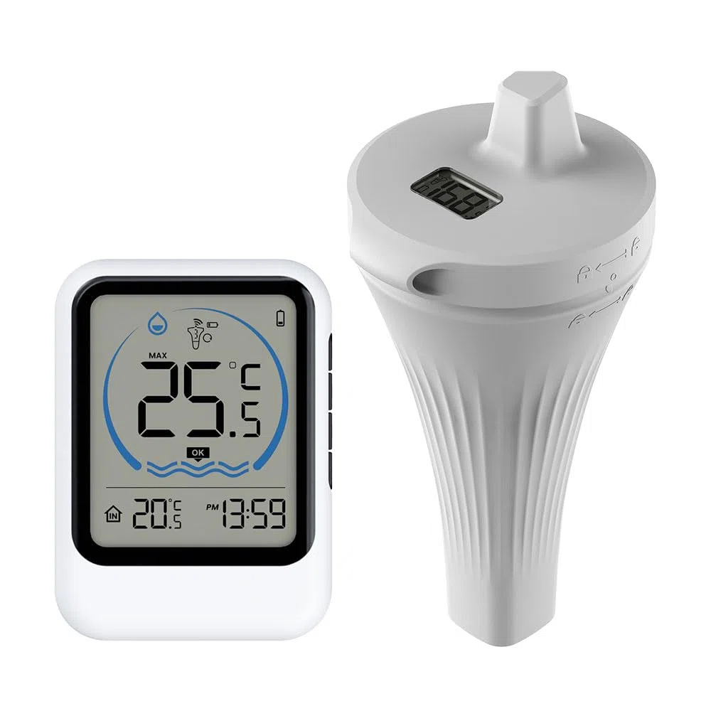 Thermomètre Piscine Sans Fil, Thermomètre de Piscine Flottant avec Capteur Extérieur, Thermomètre Piscine Connecté WiFi pour Spa, Jacuzzi, Baignoire et Étangs (Sans Pile)