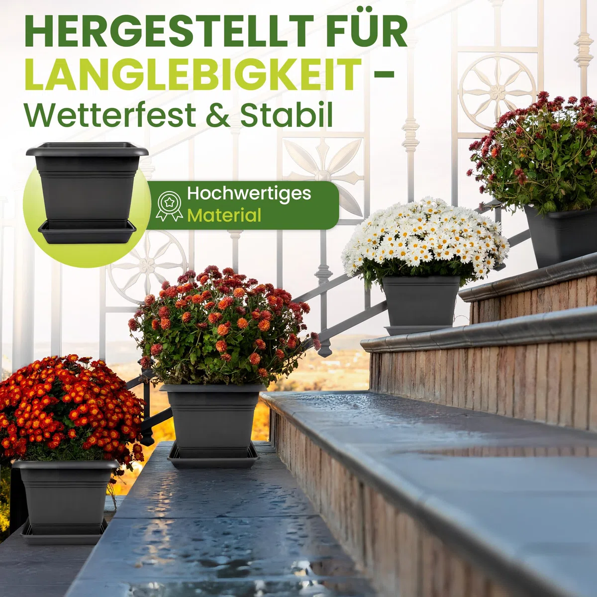 SUSTANIA Lot de 4 pots de fleurs - Grand format - Avec soucoupe - 28 x 28 cm - Carré - 16 l - Grand pot à plantes extérieur - Fabriqué en Allemagne - Anthracite