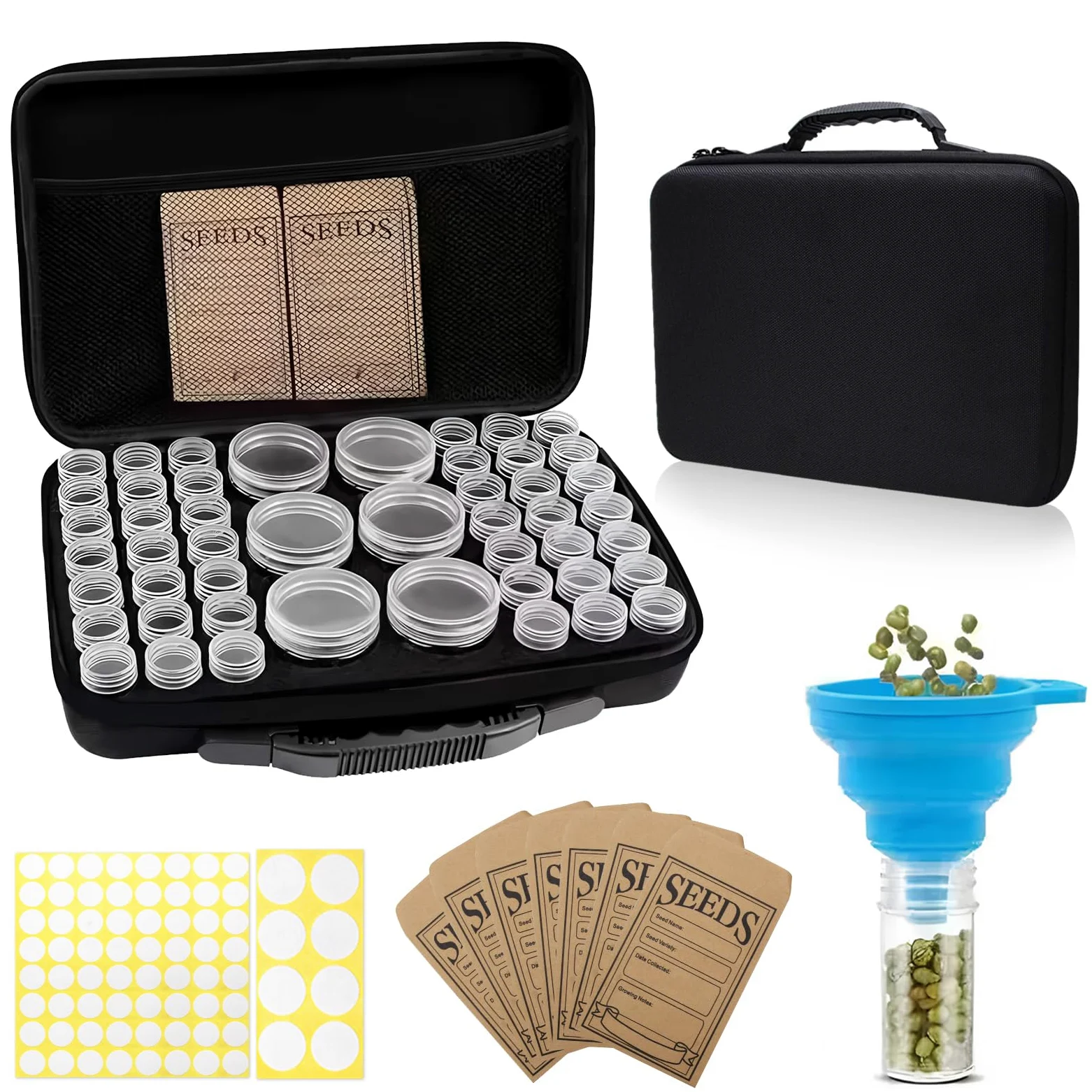 48 emplacements pour semences, boîte de rangement avec 7 sachets de graines, 2 étiquettes autocollantes et entonnoir, boîte pour graines de légumes, graines de fleurs (graines non incluses)