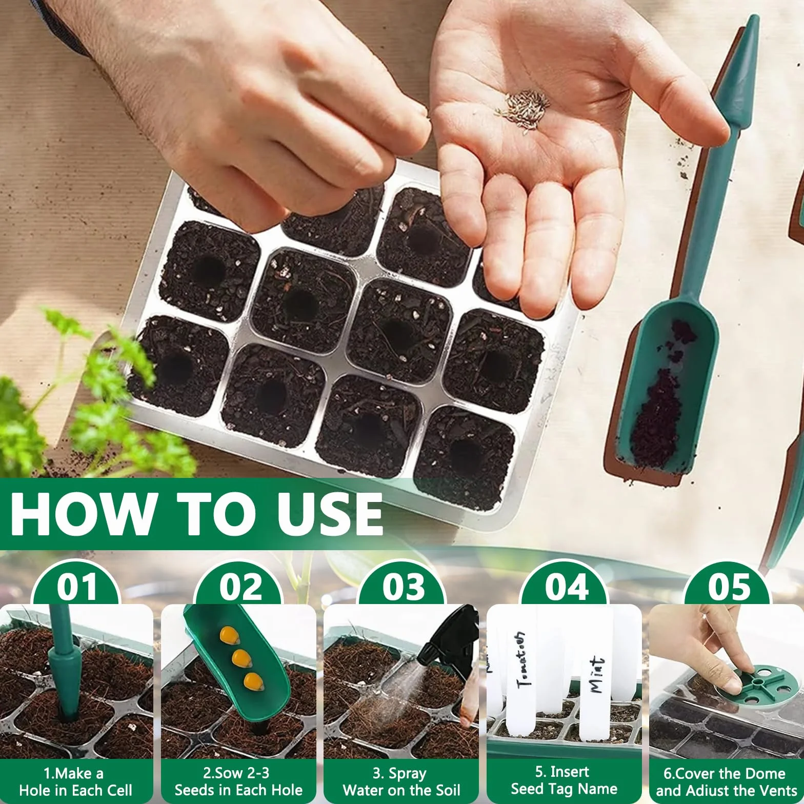 MOYKSRR Mini Serre pour Plantes, 10 Pièces 120 Cellules Intérieure Plateau Semis avec Dôme De Ventilation Et Socle, 20 étiquettes De Plantes, Serre Intérieure Pépinière Boîte Propagateur Jardin