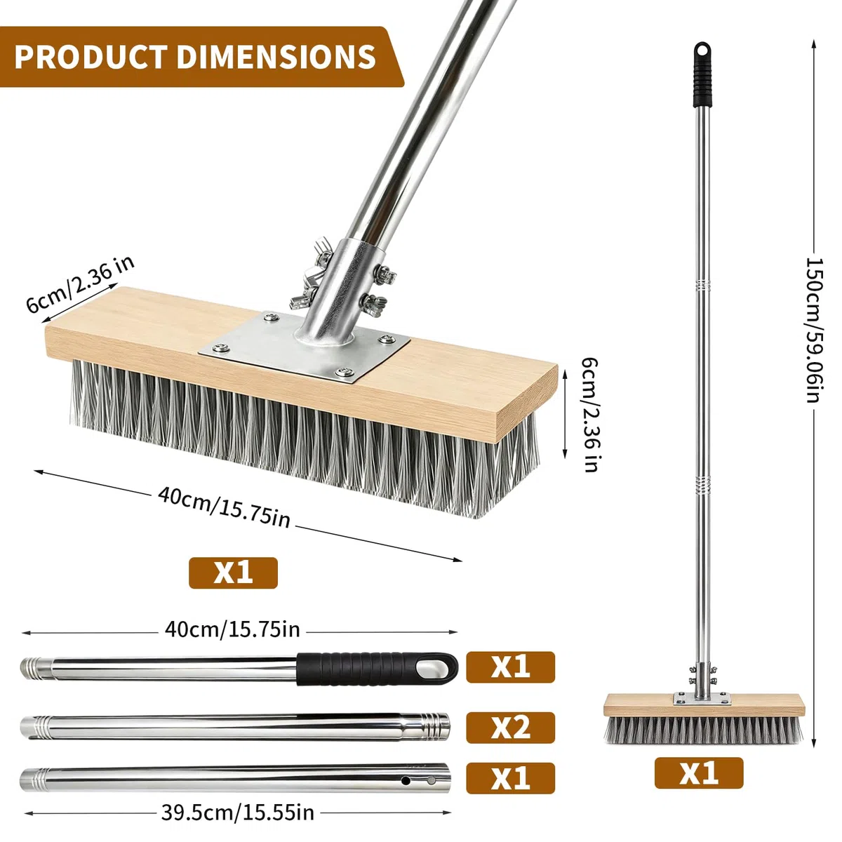 Balai Métallique Robuste avec Manche Télescopique 150cm, Brosse 40cm en Acier pour Enlever Mousse et Mauvaises Herbes, Nettoyage Puissant pour Terrasse, Jardin et Piscine (40 cm)