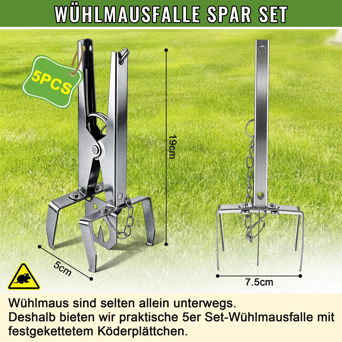 Enhon Piège à campagnols 5 pièces avec chaîne - Pointu et réutilisable - Piège à campagnols à Clips - Capture Double Face | Piège à campagnols Efficace pour Jardin et pelouse