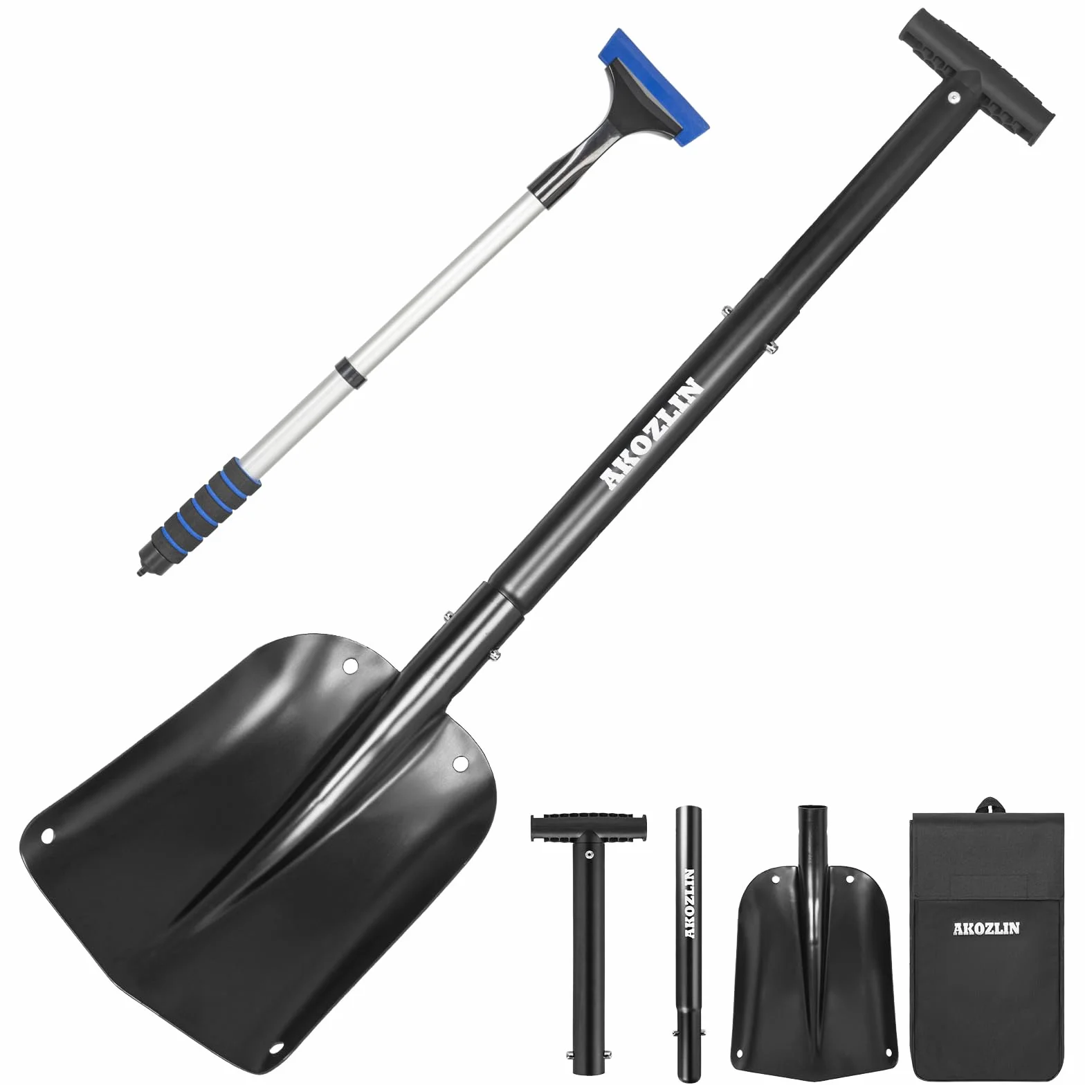 Pelle à neige télescopique d'urgence avec grattoir à glace et sac de transport pliable en aluminium de 53,8 à 82 cm, pelle d'urgence rétractable légère pour voiture, motoneige, jardin, camping