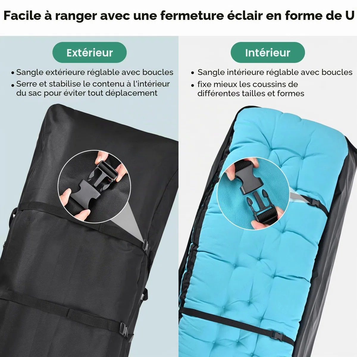 FAMIROSA Sac de Rangement pour Coussins de Jardin et Sac de Rangement imperméable, Anti-UV Tissu 600D Oxford, Fermeture éclair Durable et poignées pour Coussins d’extérieur (172x76x51cm)