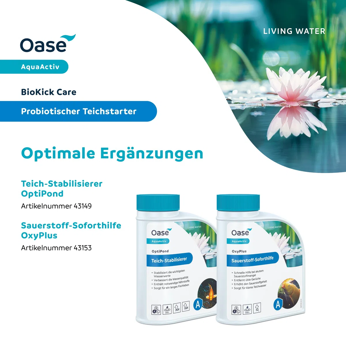 OASE AquaActiv BioKick Care 43155 Soin de l'eau Naturel pour bassins 500 ML – Produit d'entretien hautement Actif avec minéraux naturels pour Une Eau Claire dans l'étang de Jardin, étang à Poissons,