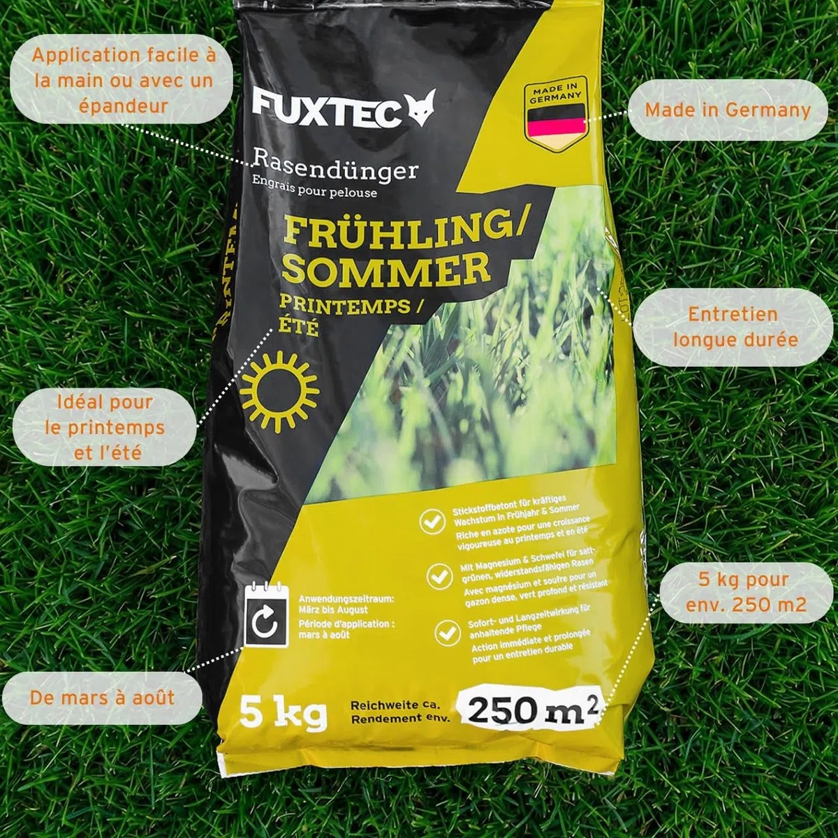 FUXTEC Engrais gazon printemps été FX-RDFS5 5 kg rendement 250m2 fertilisant pelouse organo-minéral NPK 12+3+5 azote à libération progressive magnésium et soufre granulés fins