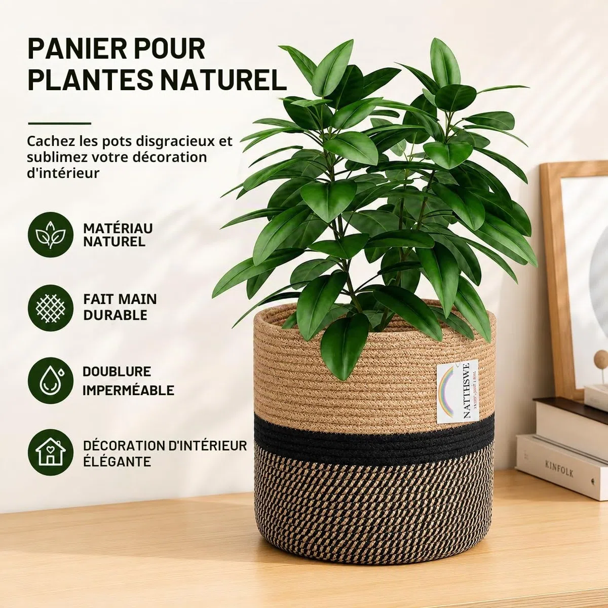 Pot de Fleurs de avec Doublure, Panier à Plantes d'intérieur en Tissu pour Pots à Fleurs de 23cm Corde de Coton Jute Pot à Plantes Décoration de la Maison