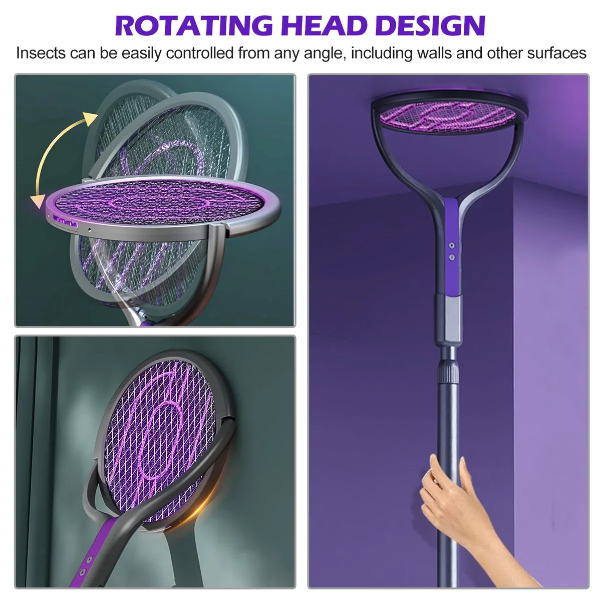Tapette à Mouches électrique, Tête Rotative Rechargeable, Piège à Mouches électrique avec Rallonge Télescopique Répulsif anti-Moustiques 2 en 1, Tapette à Mouches Rechargeable USB pour Chambre Cuisine