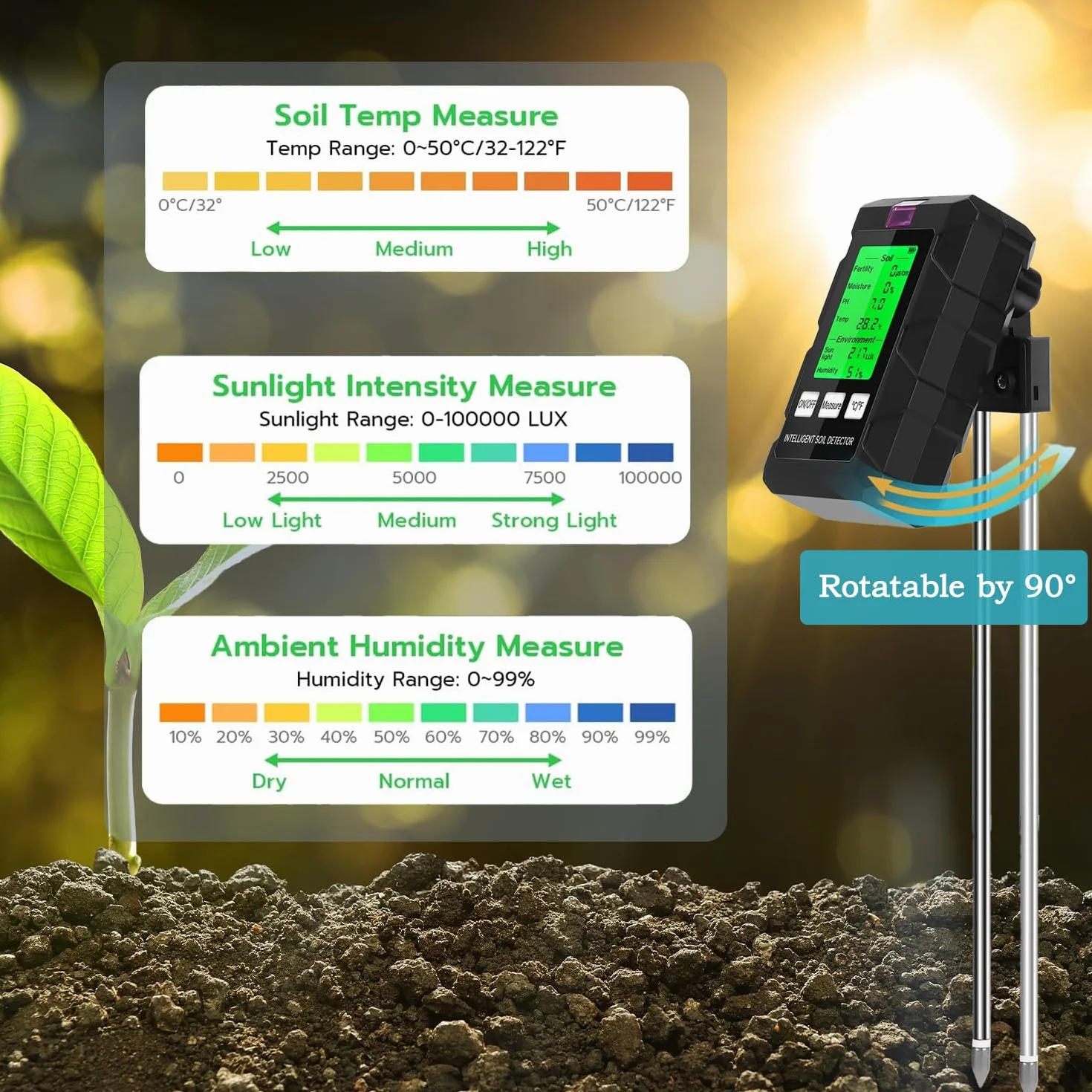 Testeur d'humidité du Sol，Testeur Sol 6 en 1，Hygrometre Plante avec pH Humidité Fertilité du Sol Lumière du Soleil Détection de Température Testeur Humidité Plante， Adapté au Jardinage et Aux Plantes
