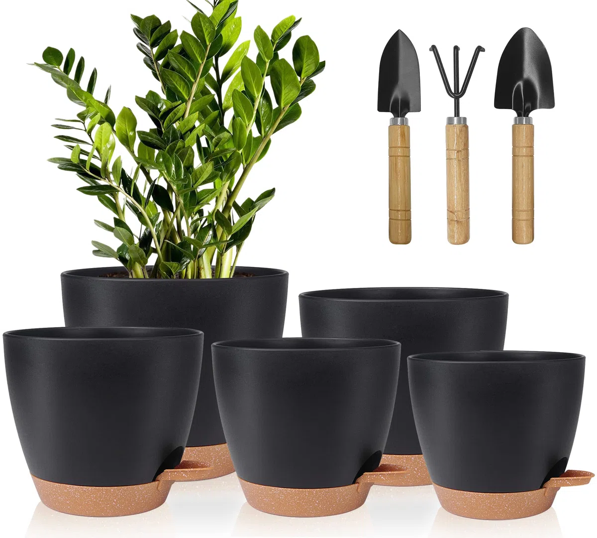 Idealife 5 Pcs Pots de Fleurs en Plastique, 17.8/16.5/15.2/13.9/12.7cm Pots à Fleurs/Plantes en Plastique, Auto-Arrosant avec Soucoupe de Fleur Convient aux Jardins de Balcon Intérieurs(Noir Marron)