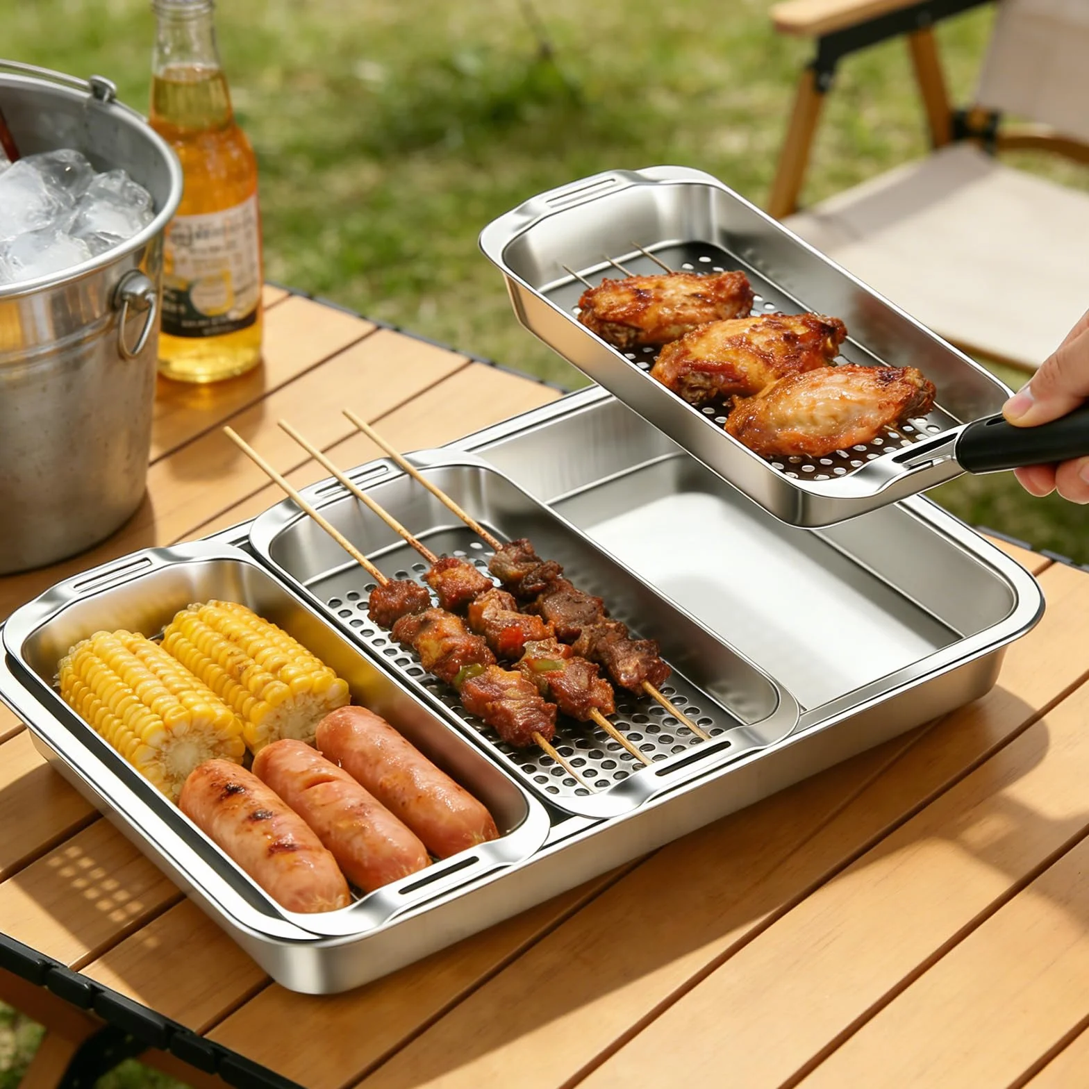Panier à Barbecue en Acier Inoxydable Set, Panier à Légumes Barbecue avec Trous, Paniers de Grillades Avec Plateau de Service et Poignée Universelle, Accessoires BBQ Pour Poisson Viande Légumes
