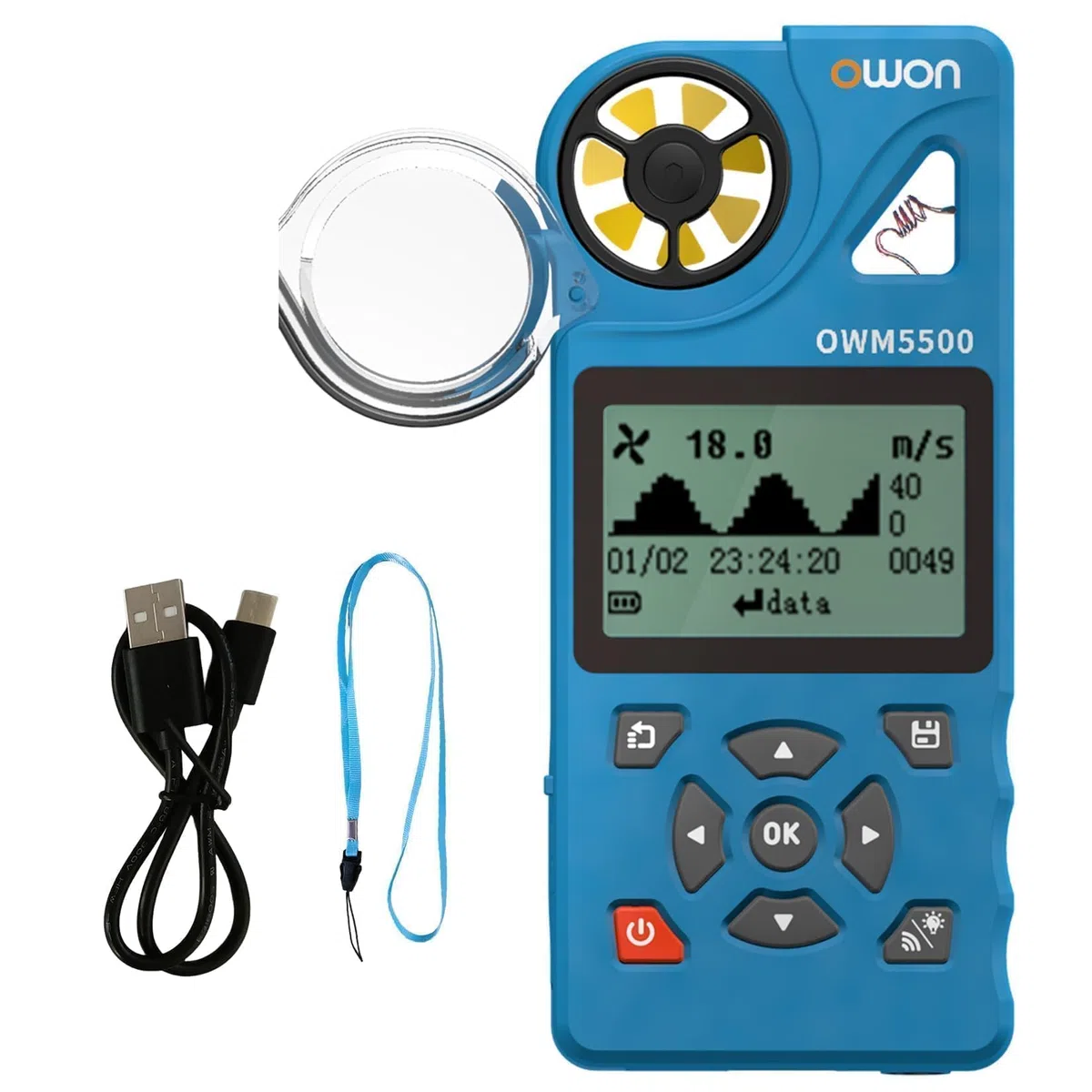 Anémomètre Numérique OWON OWM5500 : Outil HVAC Portatif Pour Le Débit D'air CFM, La Mesure De La Vitesse Du Vent, La Température Et La Surveillance De L'humidité Avec Synchronisation USB Sur PC.
