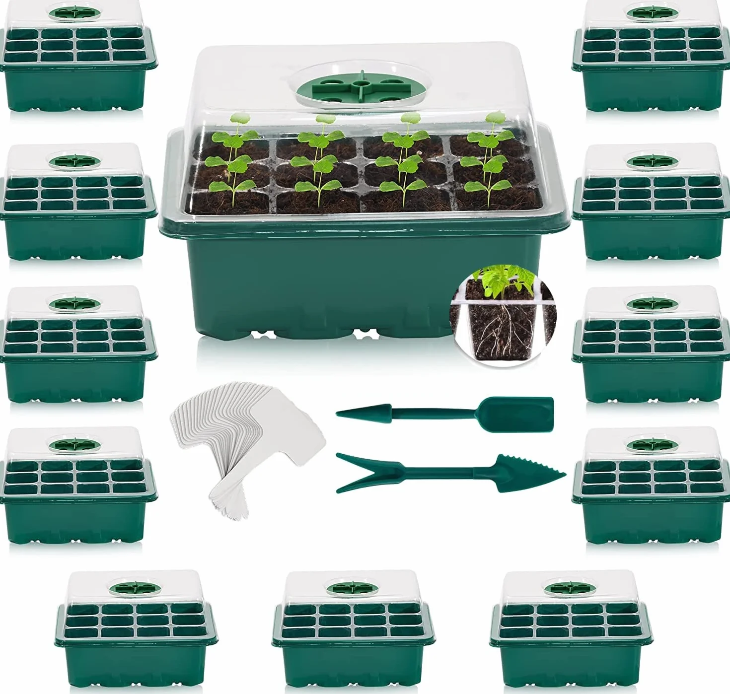 KAHEIGN 12Pcs Plateaux de Démarrage de Semences, 144 Cellules Plastique Très Résistant pour Propagation de Graines avec Dôme De Ventilation Et Socle, 20 étiquettes De Plantes, 2 Semis Outils