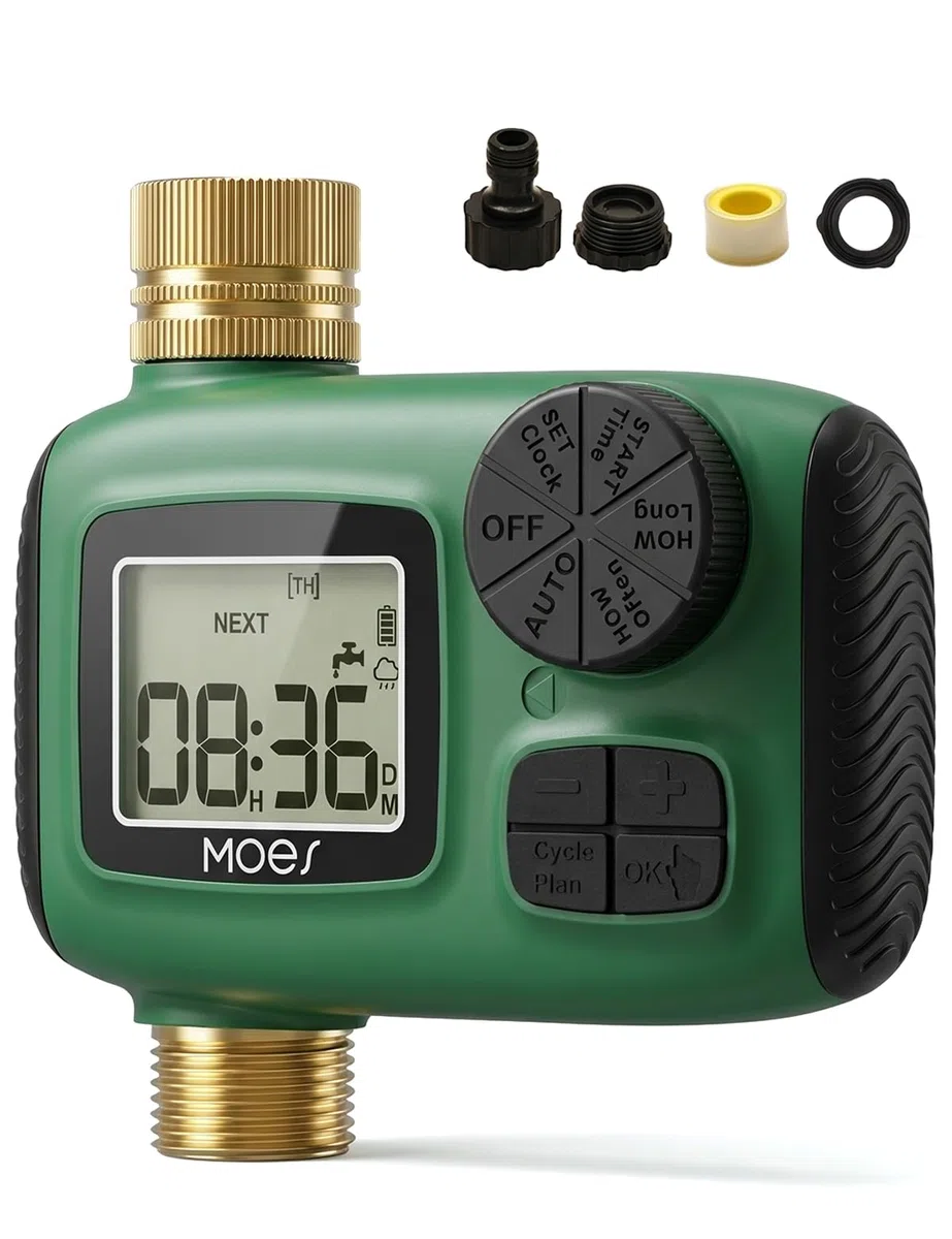 MOES Programmateur d'Arrosage Automatique 1 Voie, Minuteur d'eau avec Entrée et Sortie en Laiton, Contrôleur d'Arrosage Programmable avec Retardateur de Pluie et Mode Manuel, Nez de Robinet
