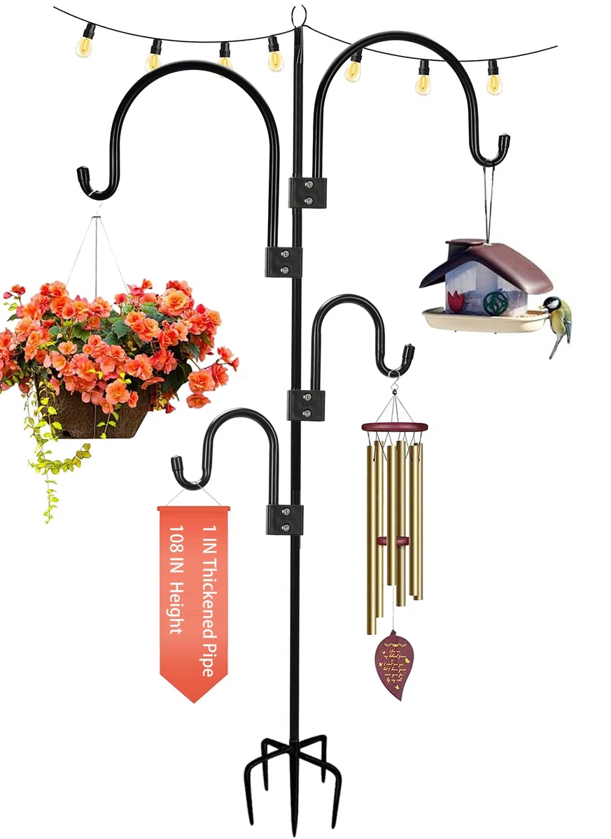 274CM Berger crochet extérieur, 2.5CM tube épaissi Heavy Duty métal nourrir Bird Rod stand .4 crochets et cordes lampadaire, tige de jardin pour suspendre panier de plantes, décoration de mariage