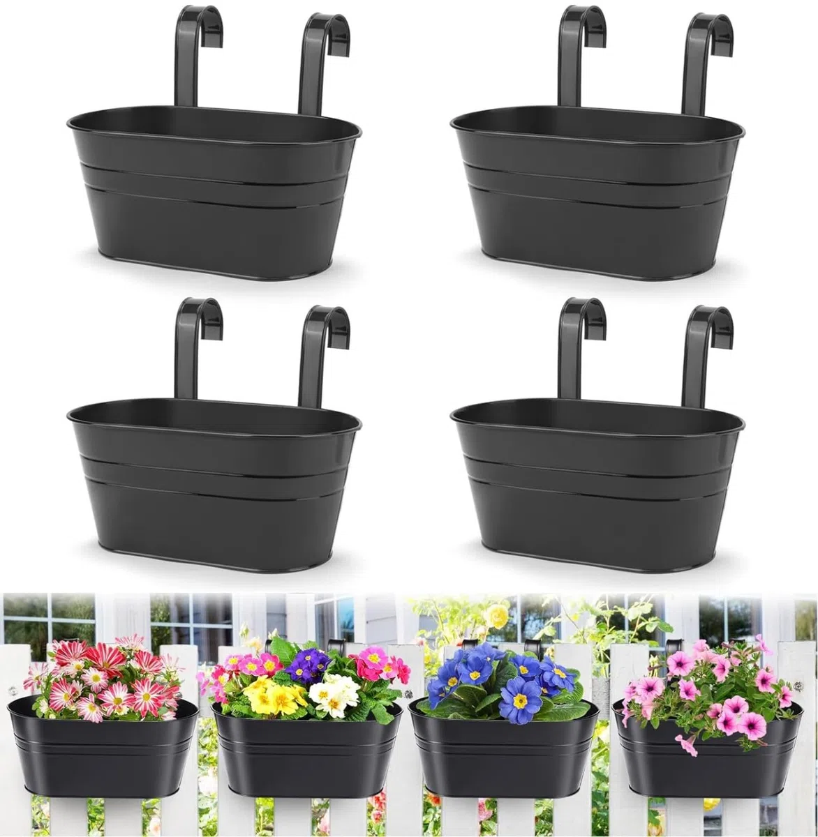 LATERN 4 Pièces Pots de Fleurs Suspendus en Métal, 27.5CM Grands Pots de Plantes Seau à Fleurs Suspendu avec Crochet Amovible pour Balcon Clôture Jardin Maison Décor (Noir)