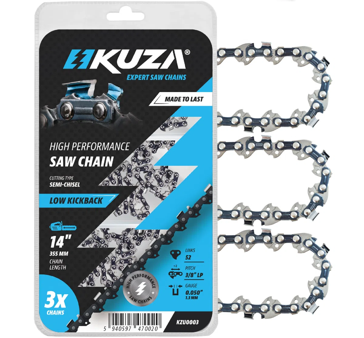 Chaîne de tronçonneuse de qualité supérieure - 35 cm - 3/8" - LP .050" - 1,3 mm - 52 TG - Convient pour Husq va rna 120i, 135, Echo CS-310, RY3714, Ma ki ta XCU11Z, EGO, POULAN (3 chaînes)