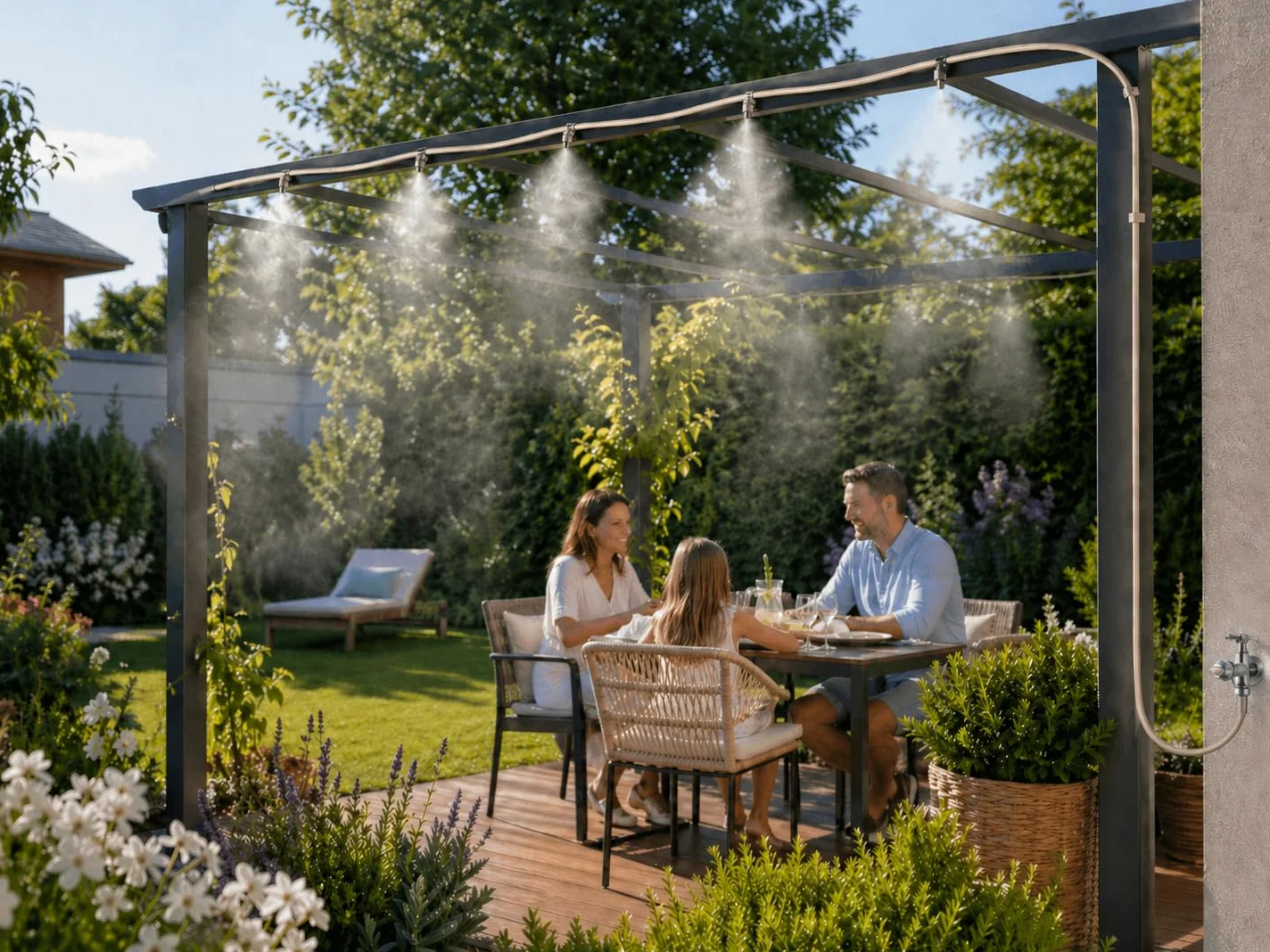 O'FRESH Brumisateur Terrasse 15m Pergola Serre Parasol - Brumisation Extérieur Hautes Performances avec 12 Buses Inox - 15 mètres - Climatisation extérieure - Repousse les moustiques