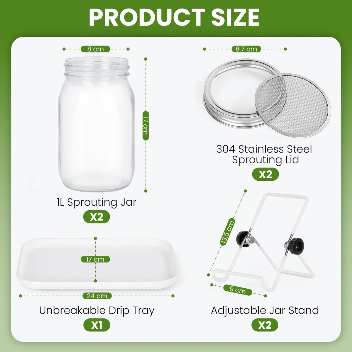 Germoir pour Graines à Germer en Verre, 2 x 1000ml Bocal de Germination avec Couvercle en Acier Inoxydable, Support Réglable et Plateau Blanc, pour Lentilles, Alfalfa, Haricots Mungo