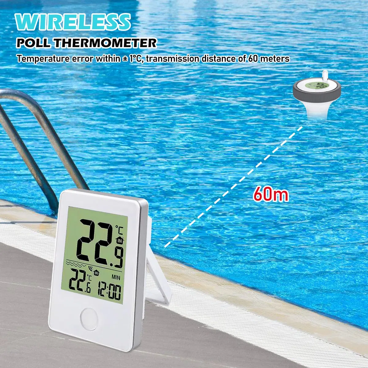 BYZESTY Thermomètre de piscine numérique sans fil avec capteur de piscine, écran LCD et moniteur d'humidité pour baignoire, bassin à poissons, étang