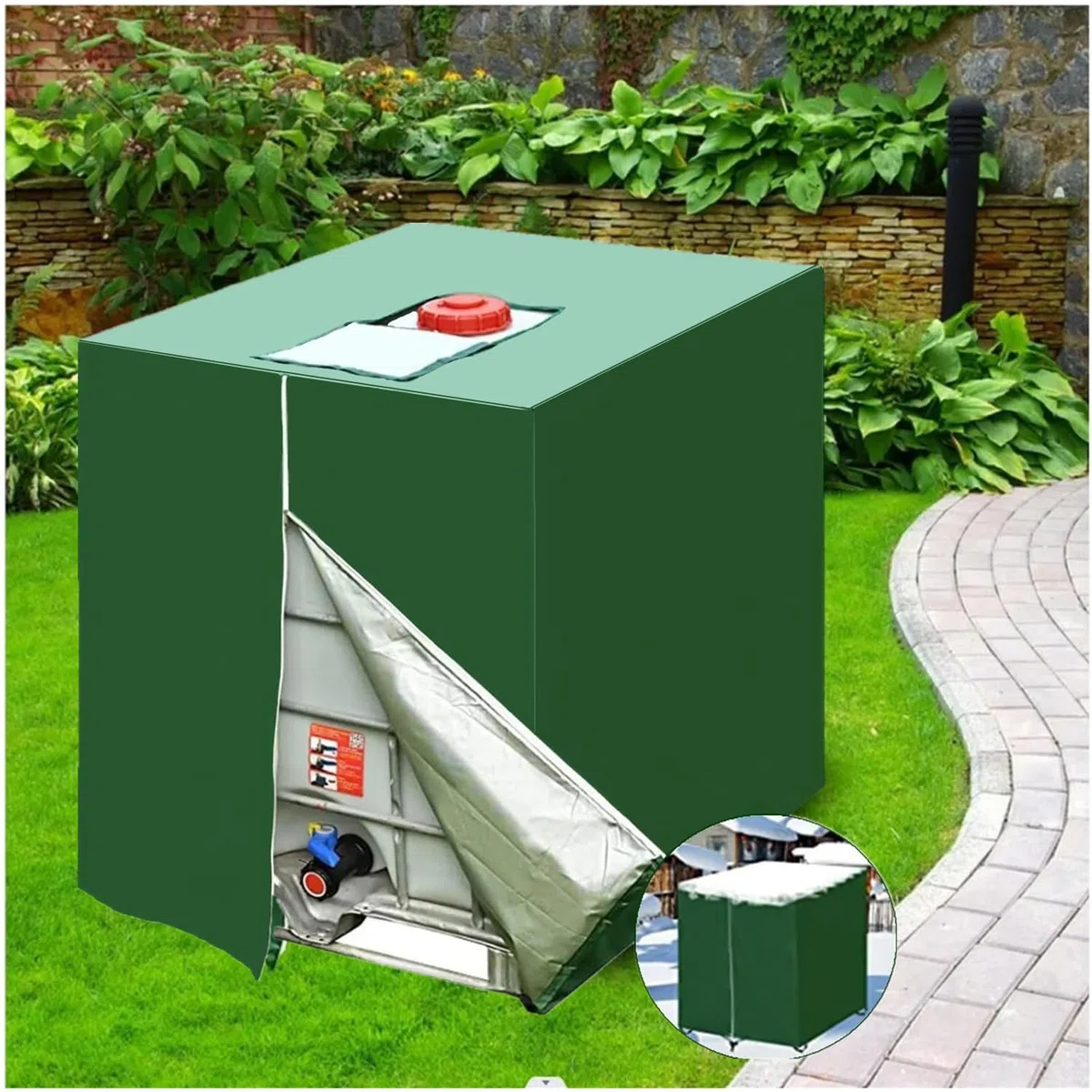 Bache pour Cuve 1000 l, Bâche de Protection Solaire pour réservoir d'eau de Pluie IBC, Anti-poussière Anti-UV, Housse de Protection, bâche de Protection 116 x 100 x 120 cm, Vert