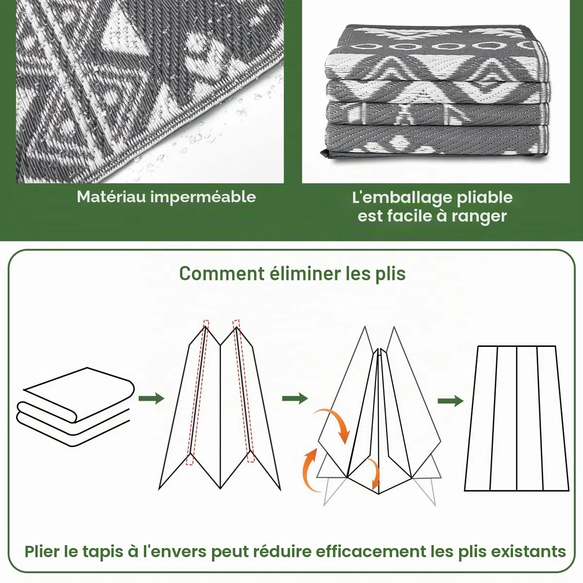 MOKANI Grand tapis d'extérieur et d'extérieur imperméable, réversible, en plastique, léger, pliable, résistant aux UV, pour camping-car, balcon, plage, terrasse - 150 x 240 cm