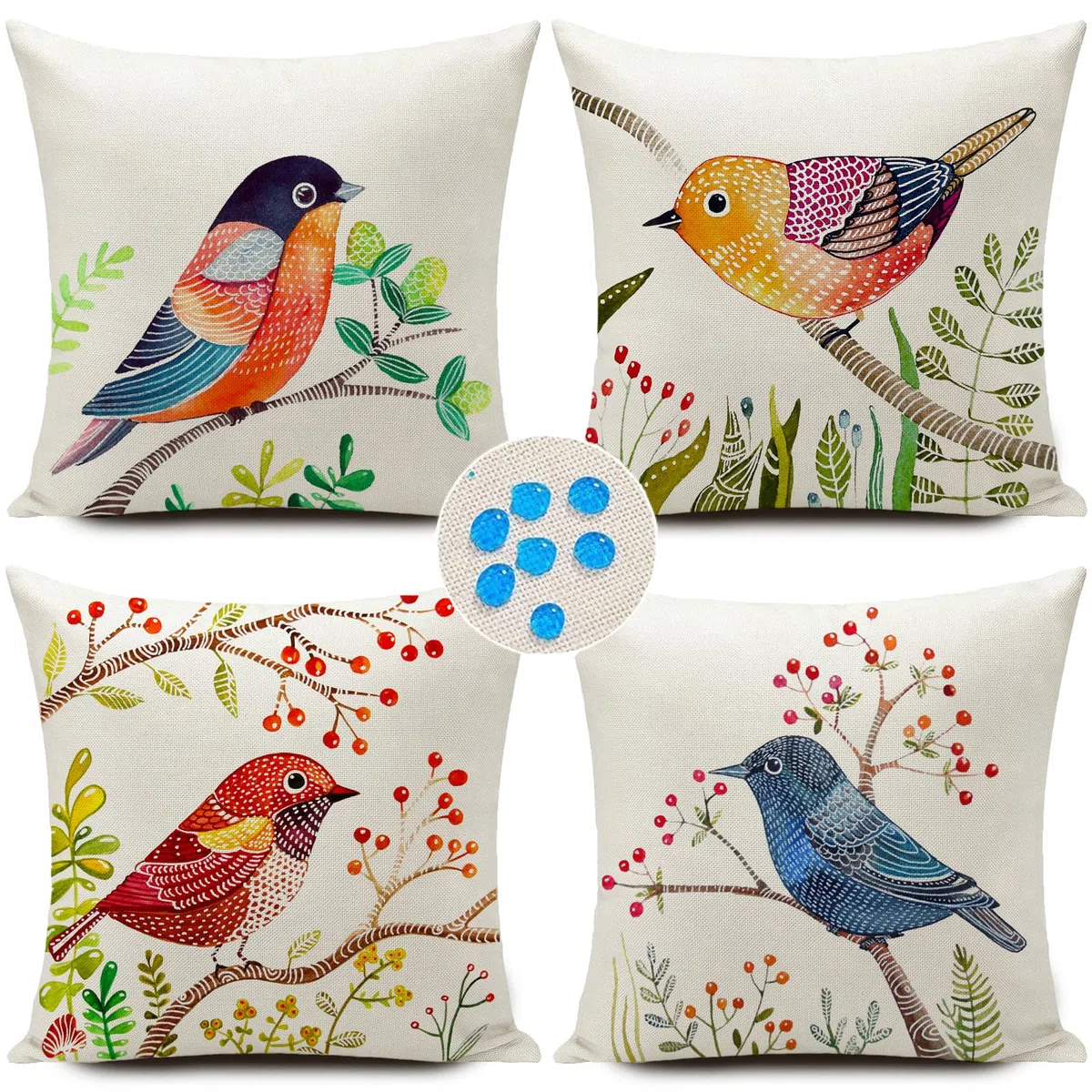 HUASHUZI Housse de Coussin Oiseaux Exterieur Impermeable Salon de Jardin Exterieur Coussin canape 45x45cm Coussins pour canapé Deco scandinave Decoration Lot de 4
