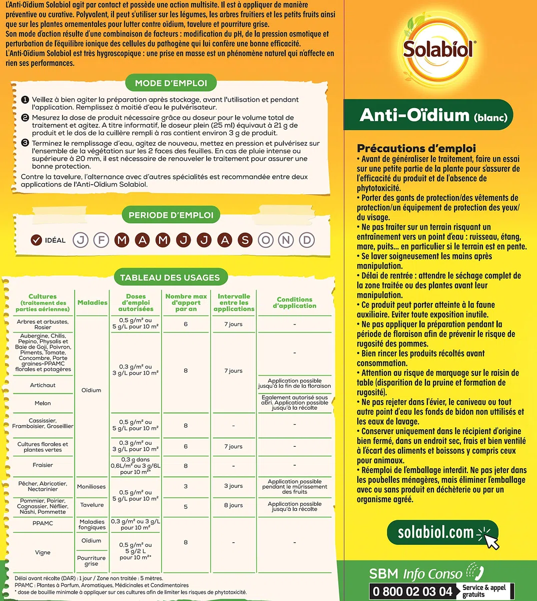 SOLABIOL Anti-Oïdium Blanc - 33L de Solution - 100g | Action Préventive & Curative - Efficace sur Oïdium & Tavelure - Utilisable en Agriculture Biologique - SOARMI100