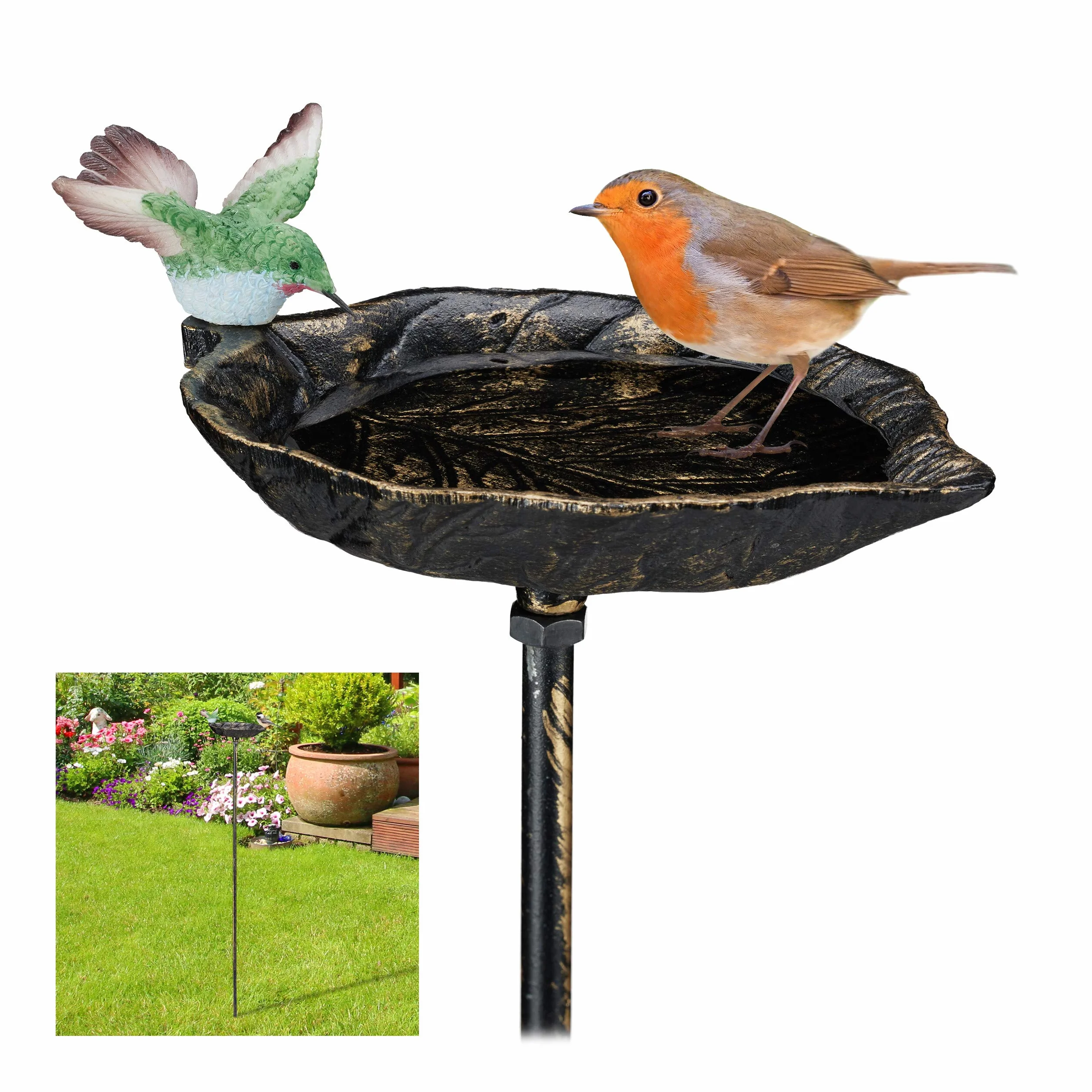relaxdays Abreuvoir pour Oiseaux en Fonte, avec pic de Terre,Décoration pour Jardin, Mangeoires, 1 m de Hauteur, Bronze
