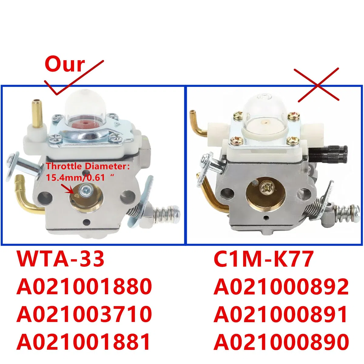 WTA-33-1 Carburateur pour souffleuse Echo PB-250 A021001882 A021001880 A021001881A