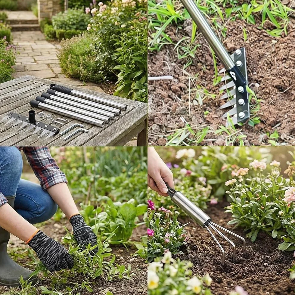 Râteau de Désherbage avec Manche Télescopique 185 cm,8 Dents Rateau Scarificateur en Acier Robuste,Râteau de Désherbage Multifonction en Métal,pour Le Jardin,Le Désherbage,Le Travail du Sol,Le semis