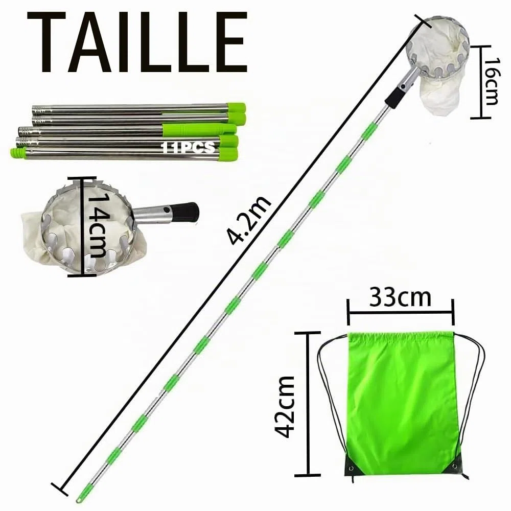 TUIBEIDAMAI Cueille-fruits avec manche télescopique 4,25M, Cueilleur de pommes Diamètre 16 cm, Cueilleur de cerises avec sac en coton, Récolteur de fruits en acier inoxydable pour cerises, Récolteur