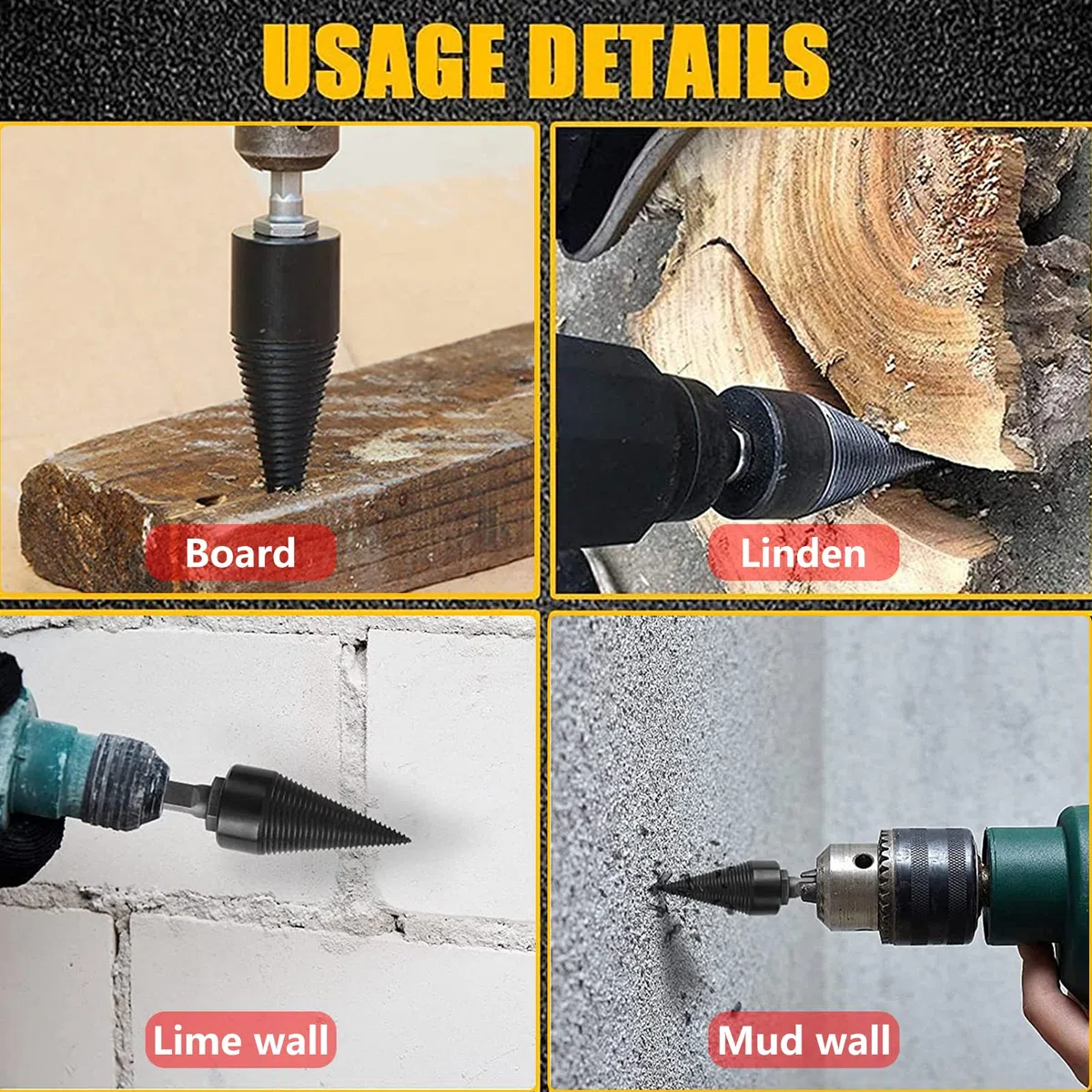 Fendeuse Bois Cône, Fendeur de Buche 32mm pour Perceuse Électrique, Fendeuse à Bois, Foret à Fendeuse à Bois avec 3 Poignées, Carré/Rond/Hexagonal