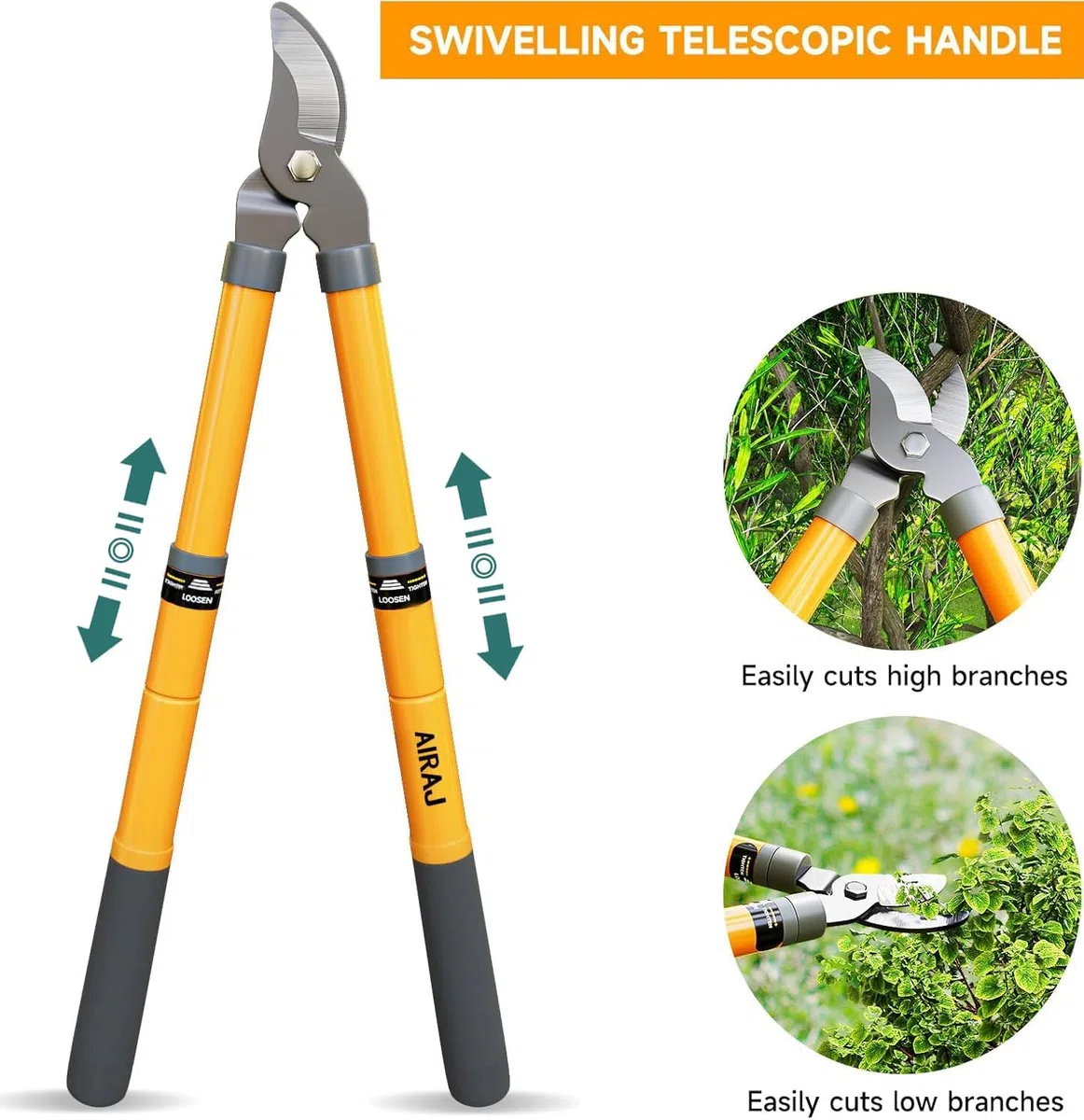 AIRAJ Coupe Branche Télescopiques 42-61cm, Coupe-Branche à Contre-lame avec Lame SK5 et Revêtement Anti-Adhésif-Coupe Propre Jusqu'à 3.5cm, Sécateur de Jardin Pour Branches Sèches et Humides