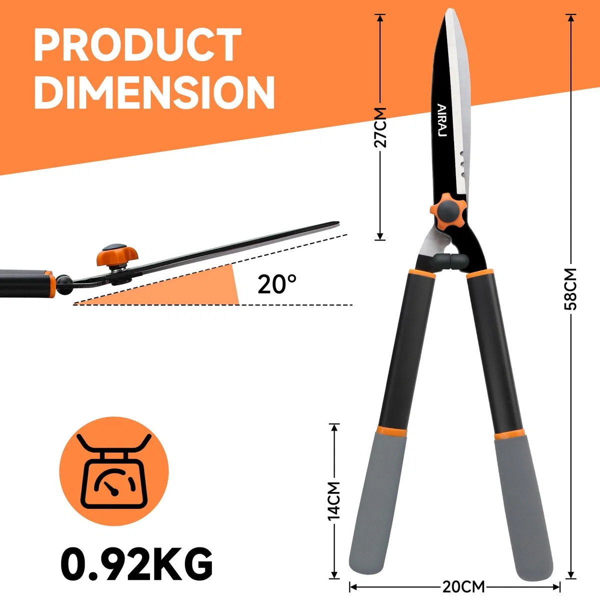 AIRAJ 58 cm Cisaille à Haie, Équipée De Lames Tranchantes En Acier Au Carbone Et D'Une Poignée Ergonomique Confortable. Cette Cisaille à Haie Légère Est Idéale Pour Tailler Les Haies, Les Arbustes