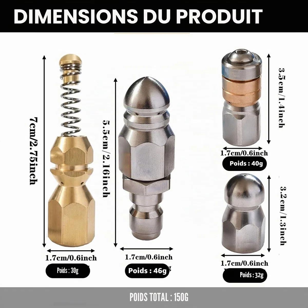 G1/4” Buses de Nettoyage de Canalisations 4pcs pour Tuyau de Nettoyeur Haute Pression | Buse rotative Buse Spirale Buse Rigide nez bouton | pour une Pénétration Optimale Toilettes lavabos évacuations