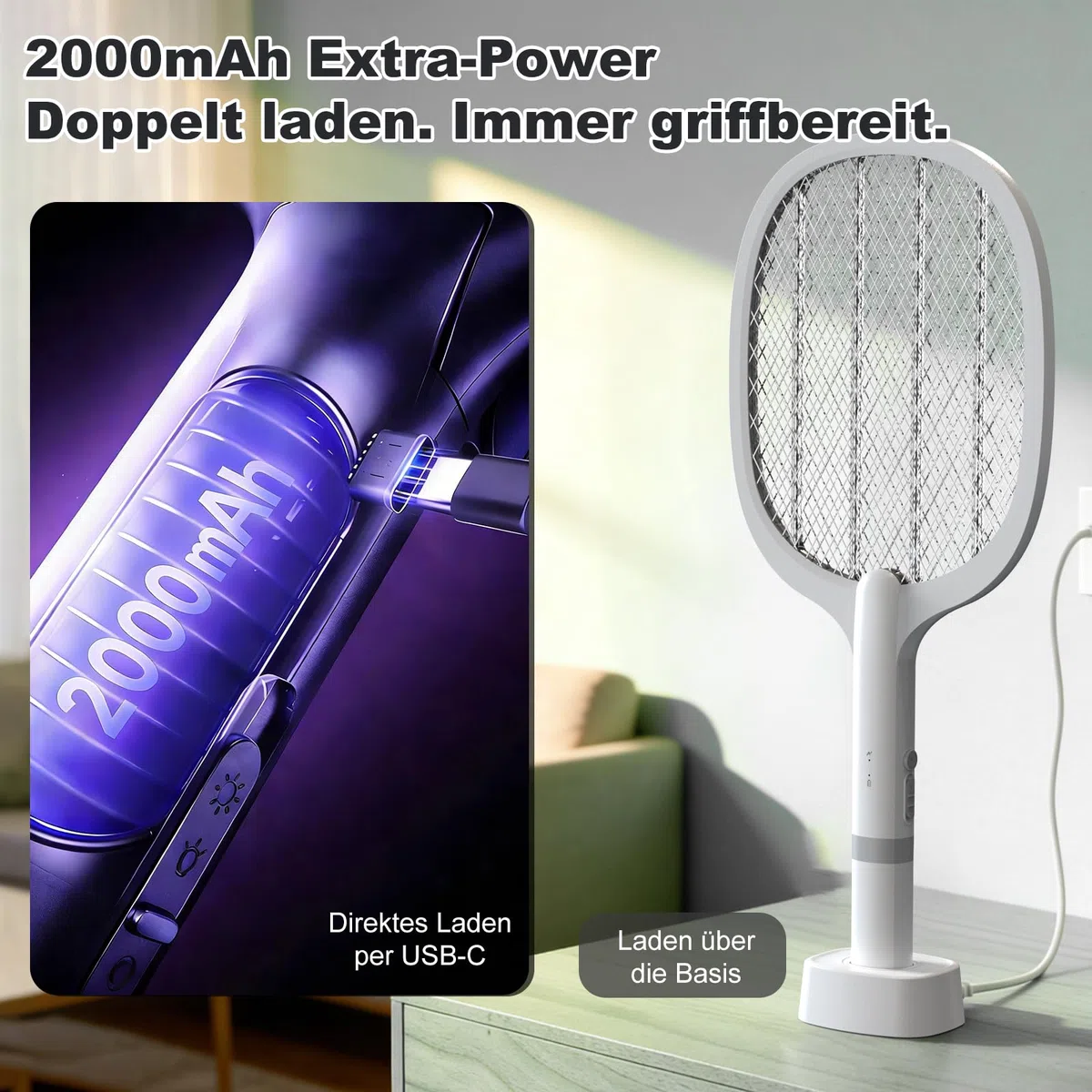Raquette Electrique Insectes 5000V, 2000mAh,Raquette-Anti Moustique, USB C Rechargeable Raquett e Anti Mouche avec Base Stable, Efficace Contre Les Mouches Insectes