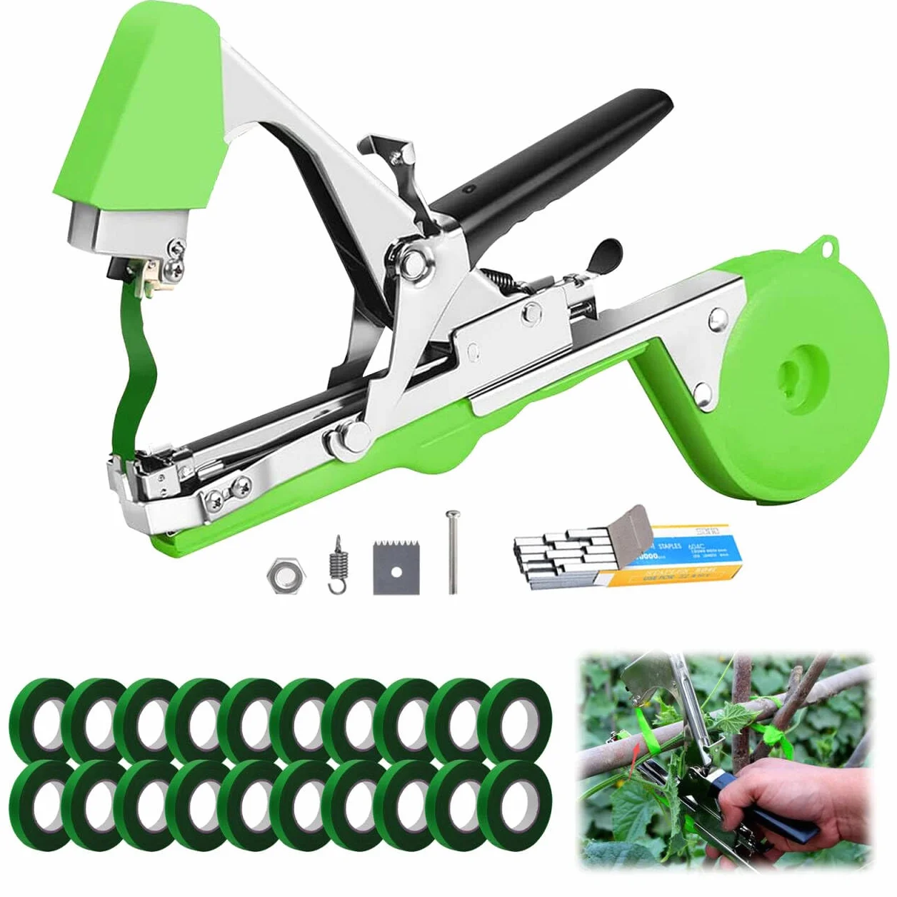 Machine à Attacher les Plantes,Comprenant 20 Rouleaux de Ruban Adhésif et 10 000 Agrafes Outil Agricole pour le Soutien des Plantes Convient aux Plants de Tomates,aux Vignes aux Vergers