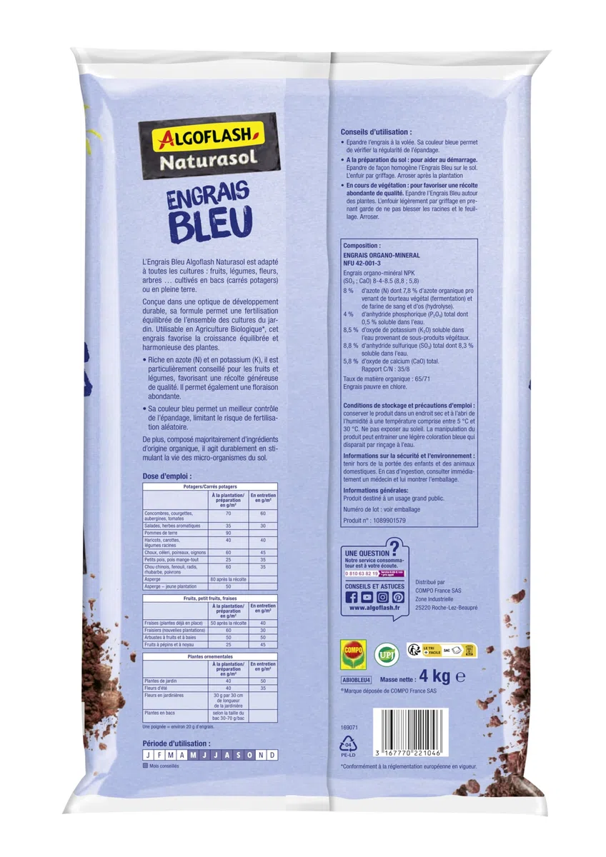 ALGOFLASH NATURASOL Engrais Bleu, Utilisable en Agriculture Biologique, Toutes Cultures, 4 kg, ABIOBLEU4