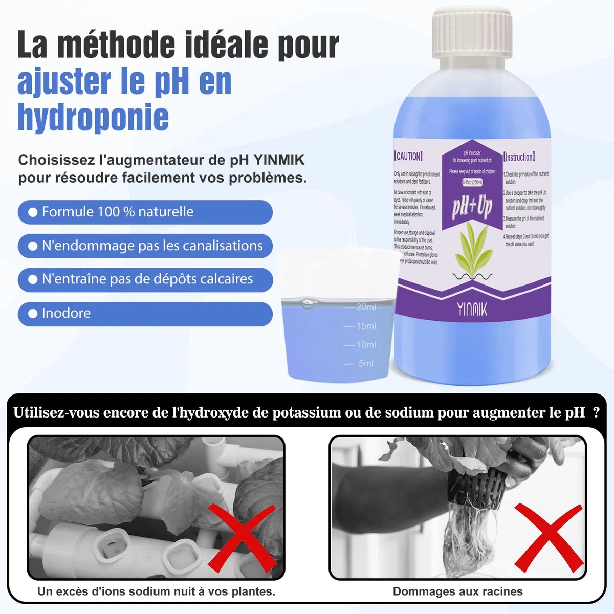 YINMIK Régulateur de pH Hydroponique Universel, Pack Régulateur PH UP & DOWN 250 ml, Augmente et Amincissant pH, Stabilise le pH et Convient à Tous Les Systèmes de Fertirrigation Hydroponique.