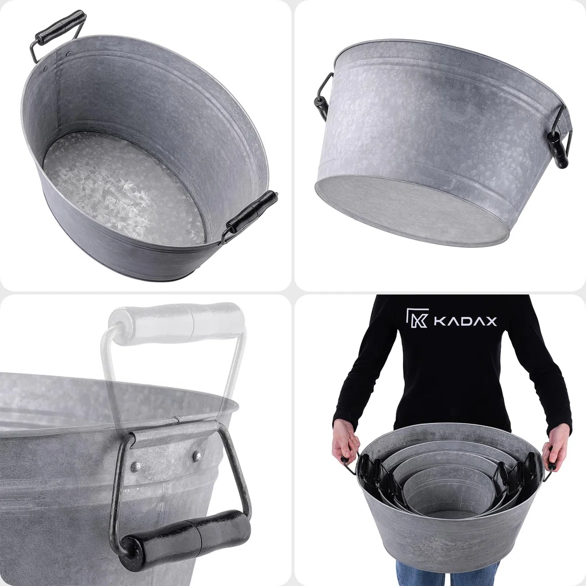 KADAX Lot de 4 bacs en zinc en 4 tailles : 6 l, 13 l, 19 l et 38 l, bac à plantes en acier galvanisé, idéal comme étang de jardin, bac à fleurs et seau à boissons (argenté)