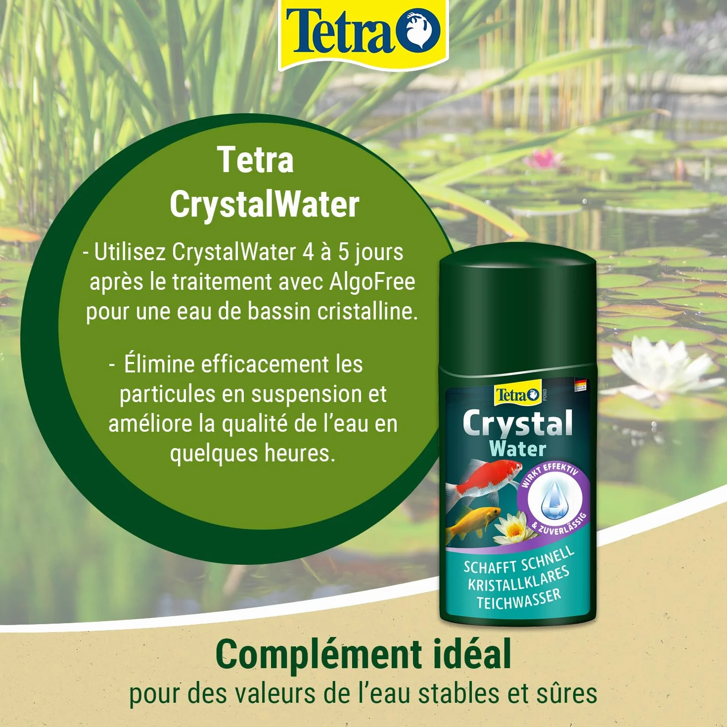 Tetra Pond CrystalWater – Clarificateur d’Eau de Bassin – Favorise une Eau Cristalline - Agglomère et facilite l’élimination des particules en suspension – 250 ml